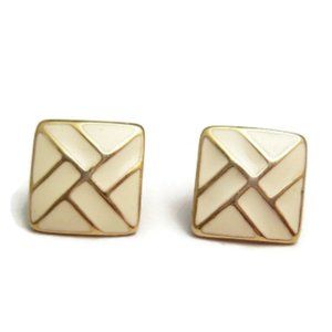 Cream Enamel Earrings Geometric Design - 1980's Jewelry - Clip on Earrings